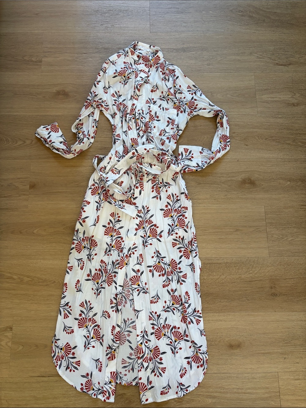 Olivaceous White Maxi Dress with Red and Black Floral Print